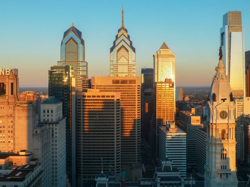 Philadelphia city skyline during sunset